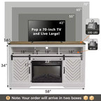 Meuble TV de cheminée pour 65''+, meuble de divertissement style ferme avec cheminée électrique de 23" avec télécommande et porte coulissante