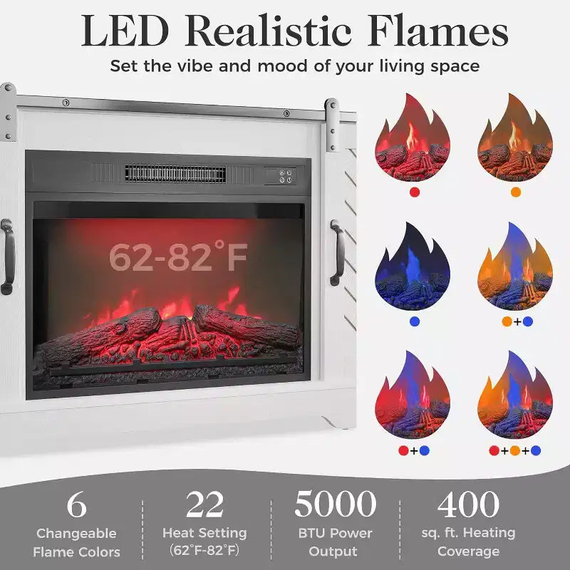 Meuble TV de cheminée pour 65''+, meuble de divertissement style ferme avec cheminée électrique de 23" avec télécommande et porte coulissante