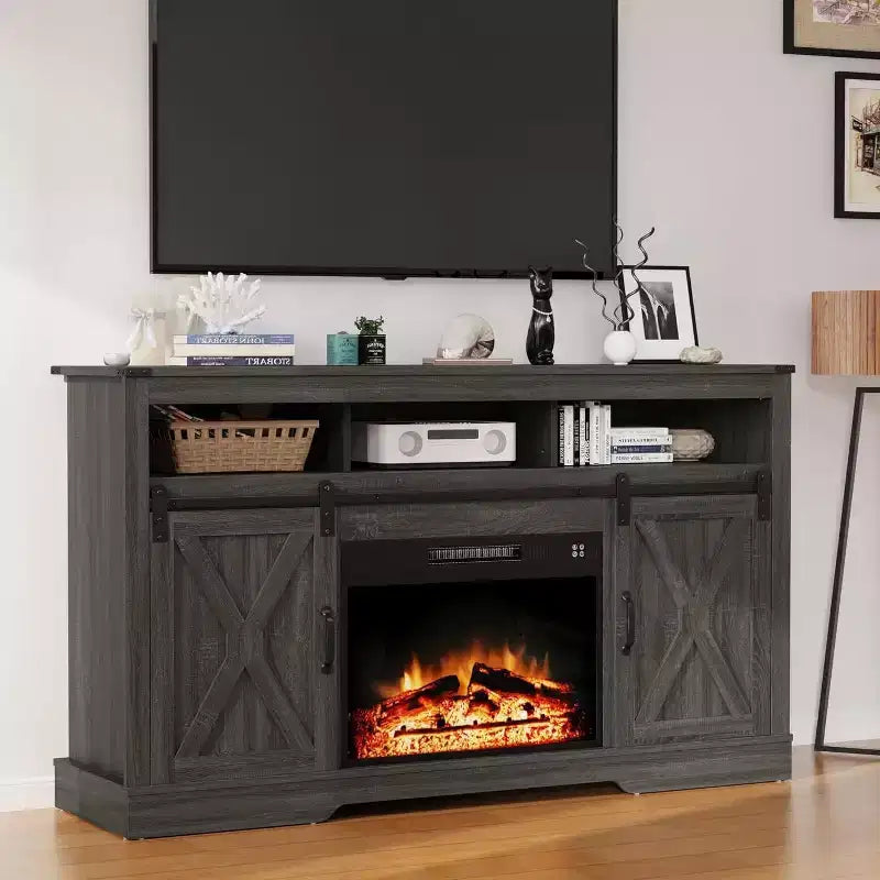 Meuble TV de cheminée pour 65''+, meuble de divertissement style ferme avec cheminée électrique de 23" avec télécommande et porte coulissante