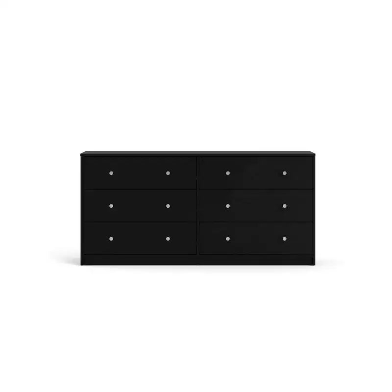 Commode double noire à 6 tiroirs – Large commode de rangement de chambre à coucher avec poignées métalliques