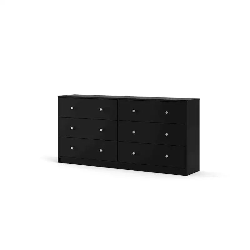 Commode double noire à 6 tiroirs – Large commode de rangement de chambre à coucher avec poignées métalliques