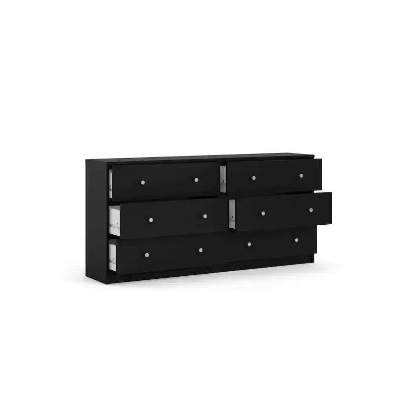 Commode double noire à 6 tiroirs – Large commode de rangement de chambre à coucher avec poignées métalliques