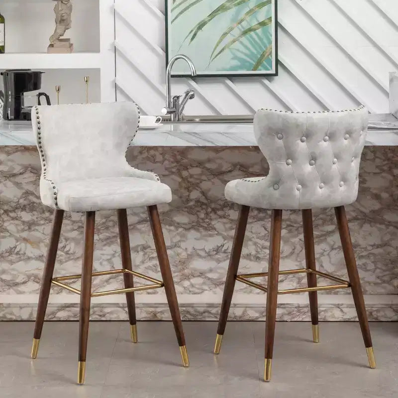Lot de 2 tabourets de bar capitonnés en similicuir avec clous décoratifs, style Mid-Century Modern, blancs