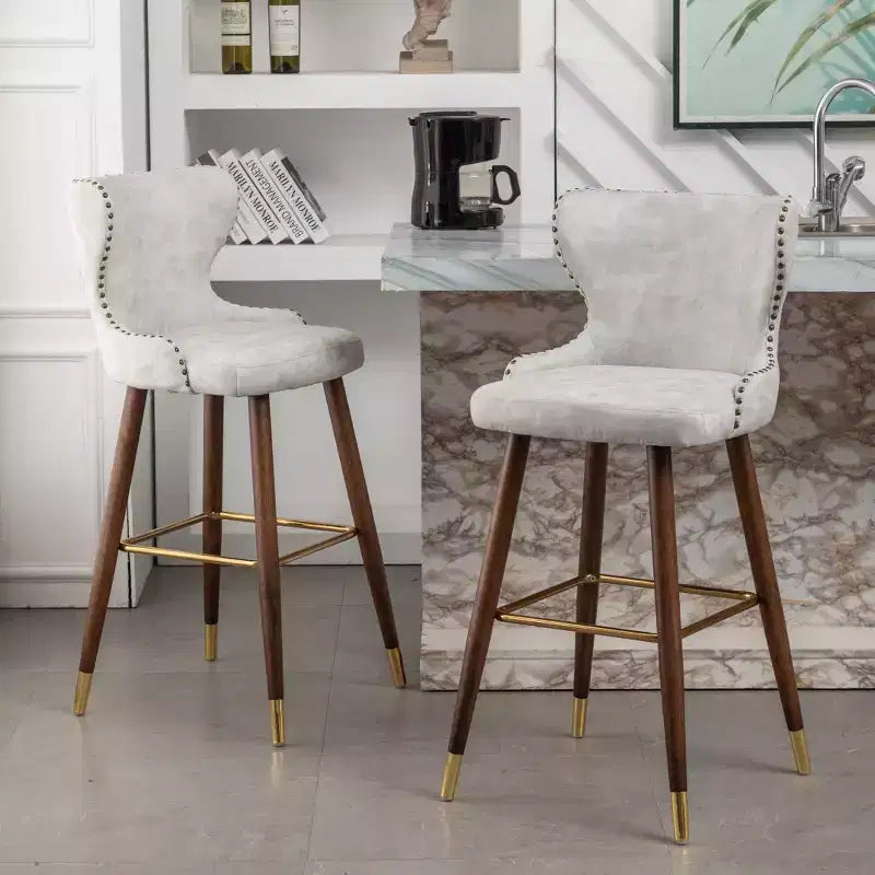 Lot de 2 tabourets de bar capitonnés en similicuir avec clous décoratifs, style Mid-Century Modern, blancs