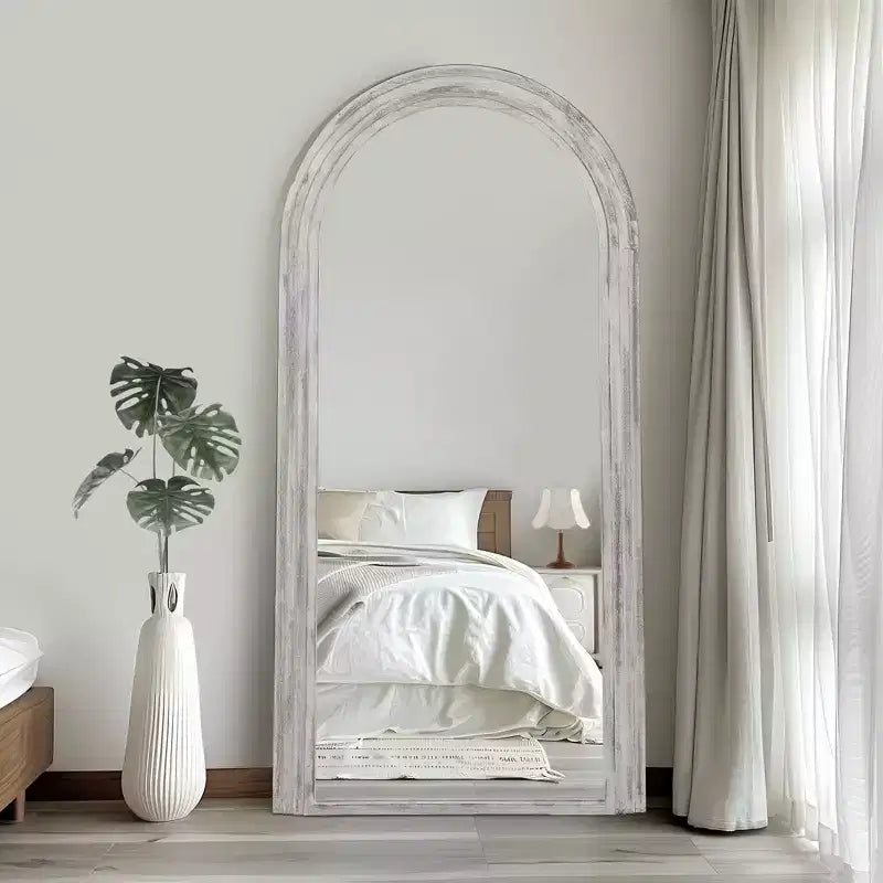 Solid Wood Staircase Style Full-Length Mirror with Angular Blocks and Whitewashed Finish, 180x90x4 cm (Without Stand)