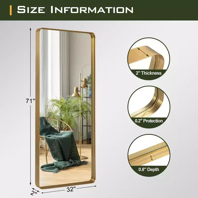 Miroir psyché rectangulaire arrondi en alliage d'aluminium électroplaqué imitation, 180cm x 80cm x 5cm (Miroir profond - Sans support)
