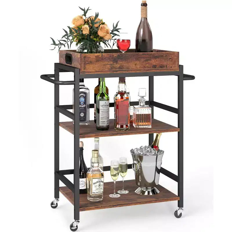 3-Tier Rolling Bar Cart with Wheels Removable Tray Metal Kitchen Serving Cart 154 lb Capacity Lockable Casters Powder-Coated Steel Frame