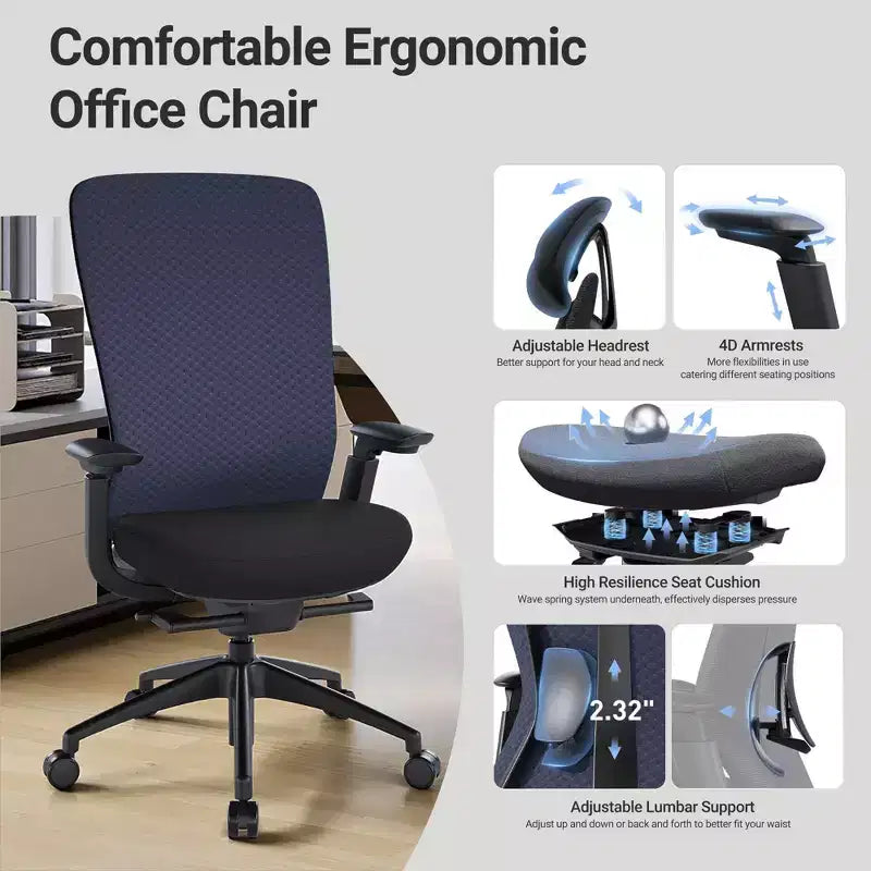 Fauteuil de bureau ergonomique, Chaise de bureau à dossier haut avec dossier en maille et support lombaire réglable - Bleu foncé