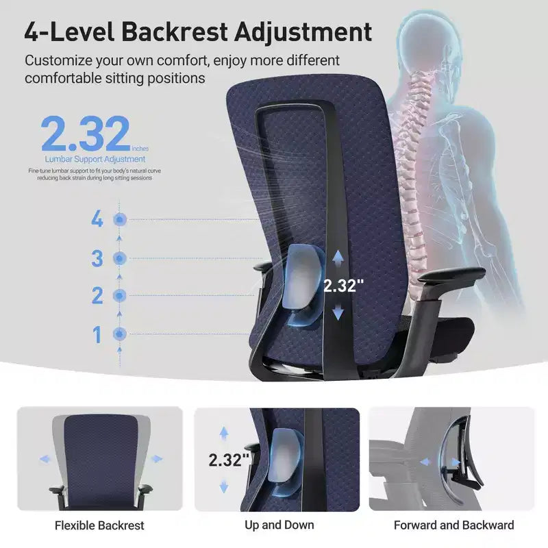 Fauteuil de bureau ergonomique, Chaise de bureau à dossier haut avec dossier en maille et support lombaire réglable - Bleu foncé