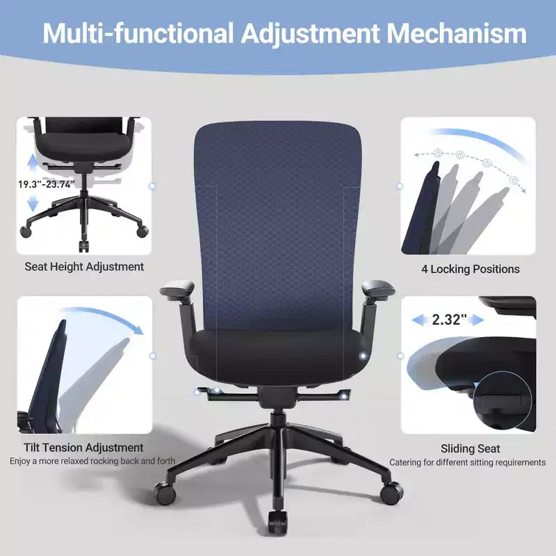 Fauteuil de bureau ergonomique, Chaise de bureau à dossier haut avec dossier en maille et support lombaire réglable - Bleu foncé