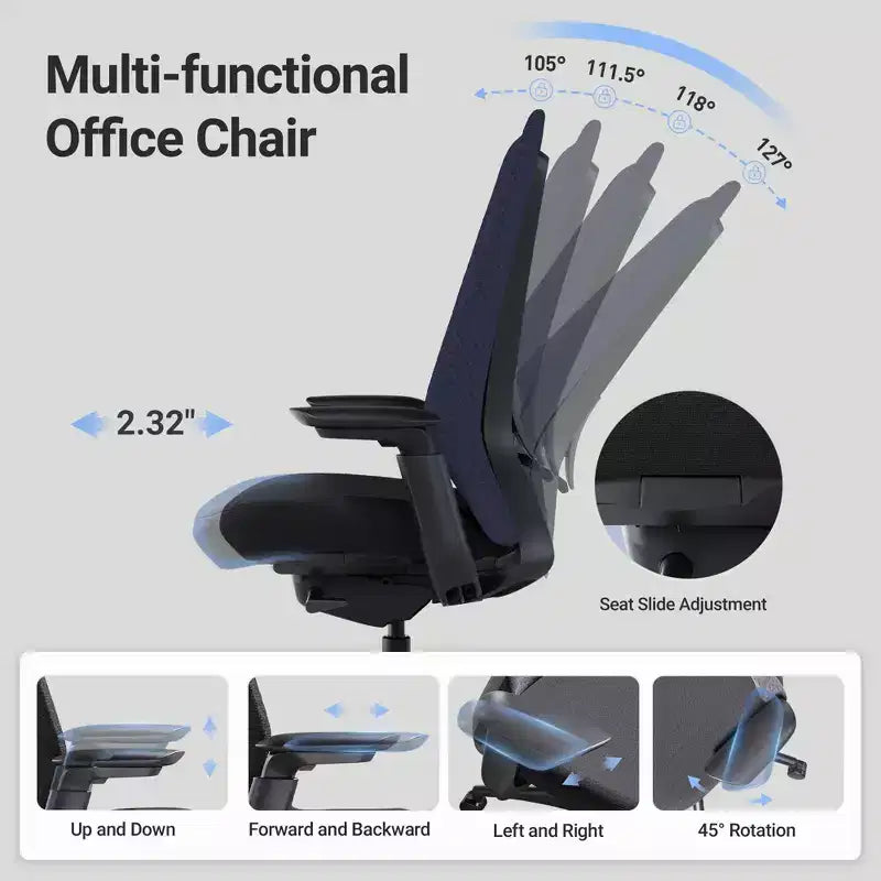 Fauteuil de bureau ergonomique, Chaise de bureau à dossier haut avec dossier en maille et support lombaire réglable - Bleu foncé