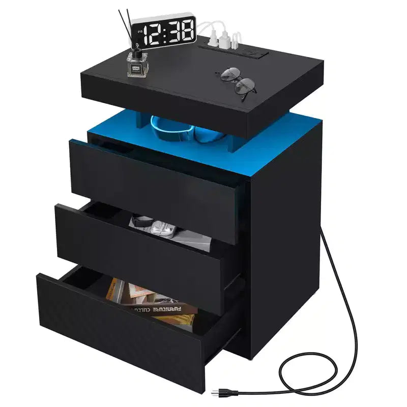 Table de chevet LED moderne avec 3 tiroirs et station de recharge sans fil