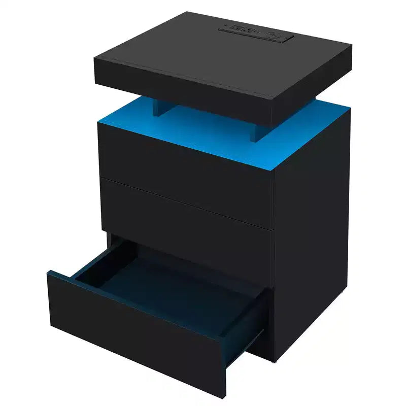 Table de chevet LED moderne avec 3 tiroirs et station de recharge sans fil