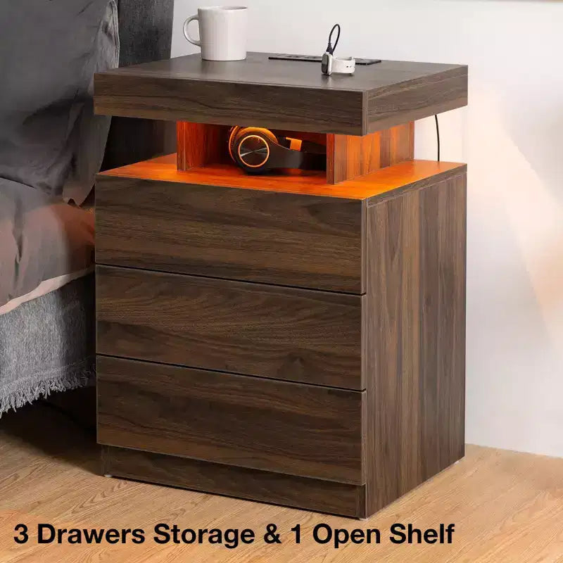 Table de chevet LED moderne avec 3 tiroirs et station de recharge sans fil