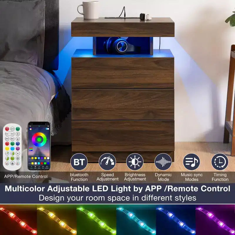 Table de chevet LED moderne avec 3 tiroirs et station de recharge sans fil