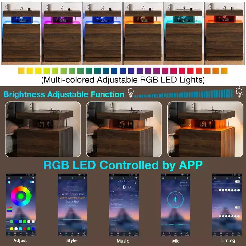 Table de chevet LED moderne avec 3 tiroirs et station de recharge sans fil