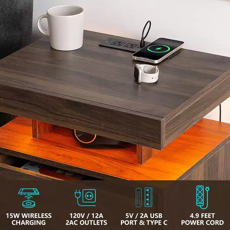 Table de chevet LED moderne avec 3 tiroirs et station de recharge sans fil