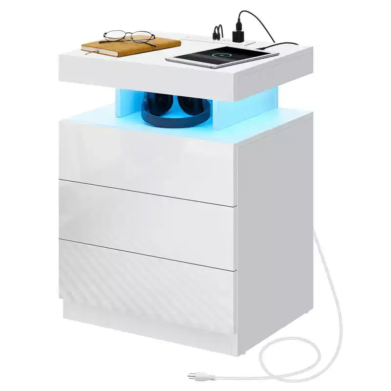 Hommpa Modern LED Nightstand with 3 Drawers & Wireless Charging Station