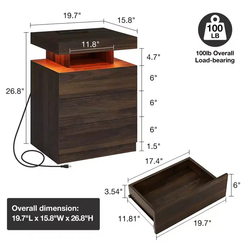 Table de chevet LED moderne avec 3 tiroirs et station de recharge sans fil