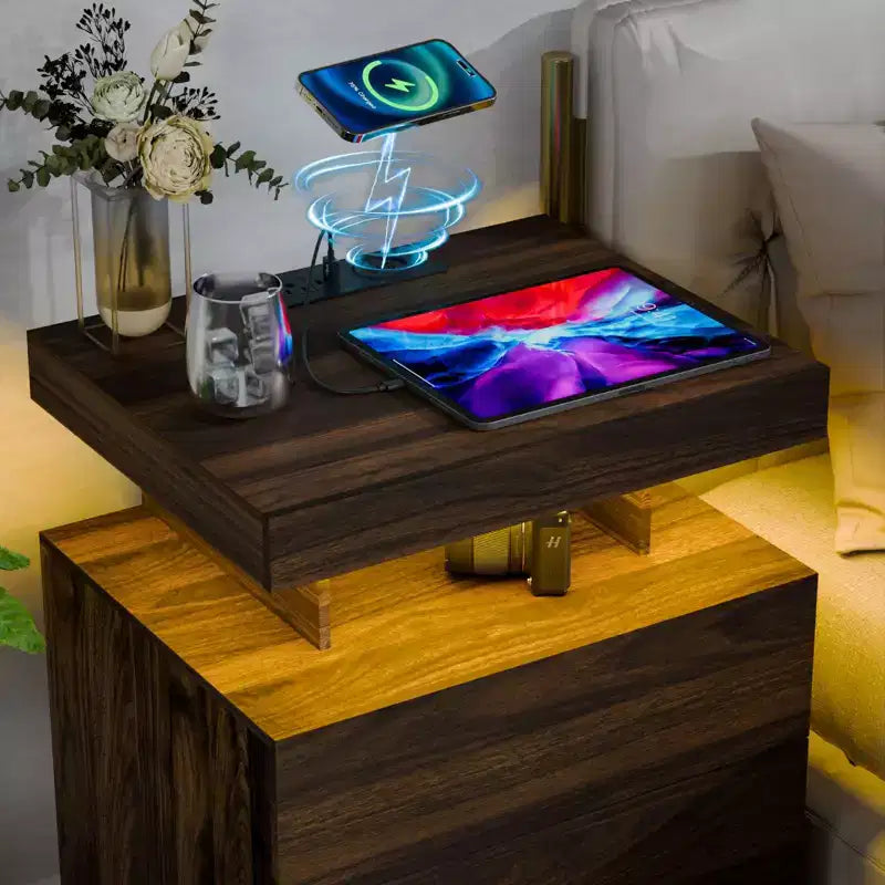 Table de chevet LED moderne avec 3 tiroirs et station de recharge sans fil