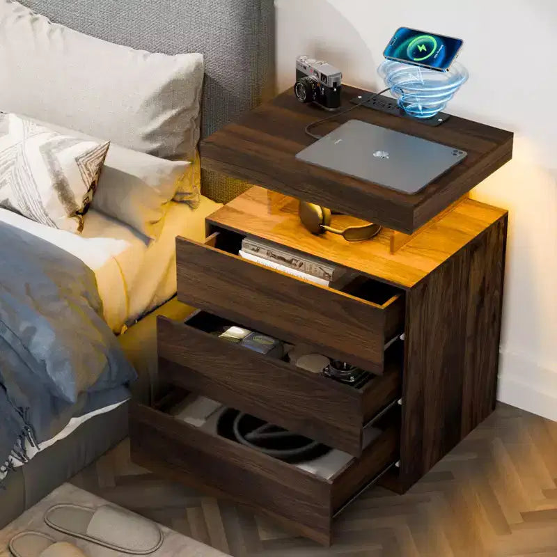 Table de chevet LED moderne avec 3 tiroirs et station de recharge sans fil
