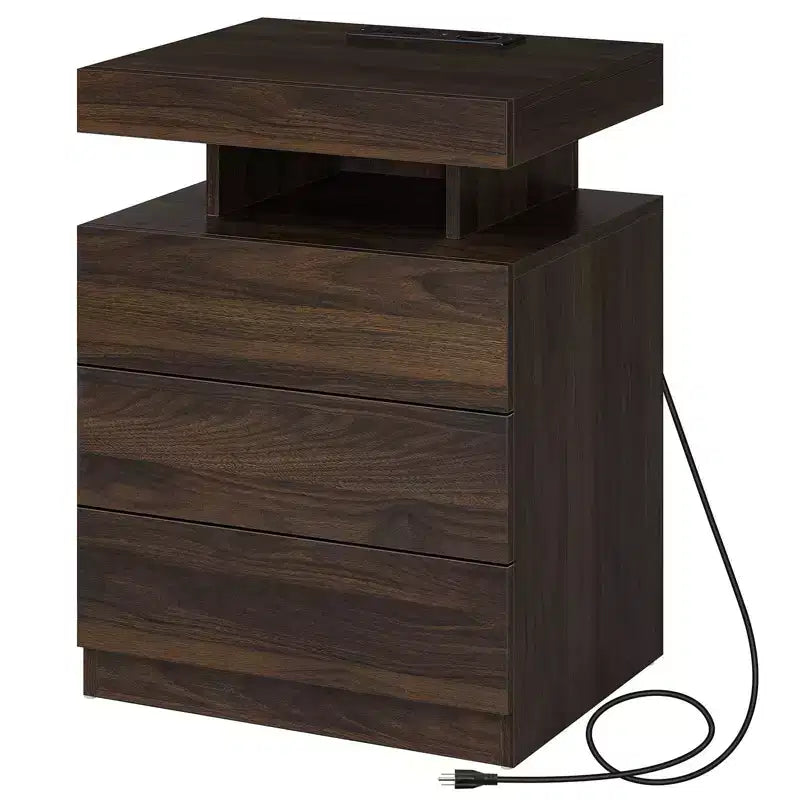 Table de chevet LED moderne avec 3 tiroirs et station de recharge sans fil