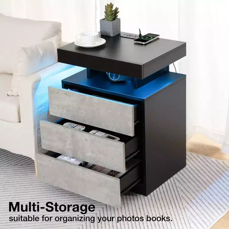 Table de chevet LED moderne avec 3 tiroirs et station de recharge sans fil