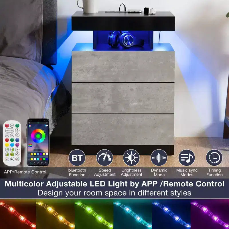 Table de chevet LED moderne avec 3 tiroirs et station de recharge sans fil