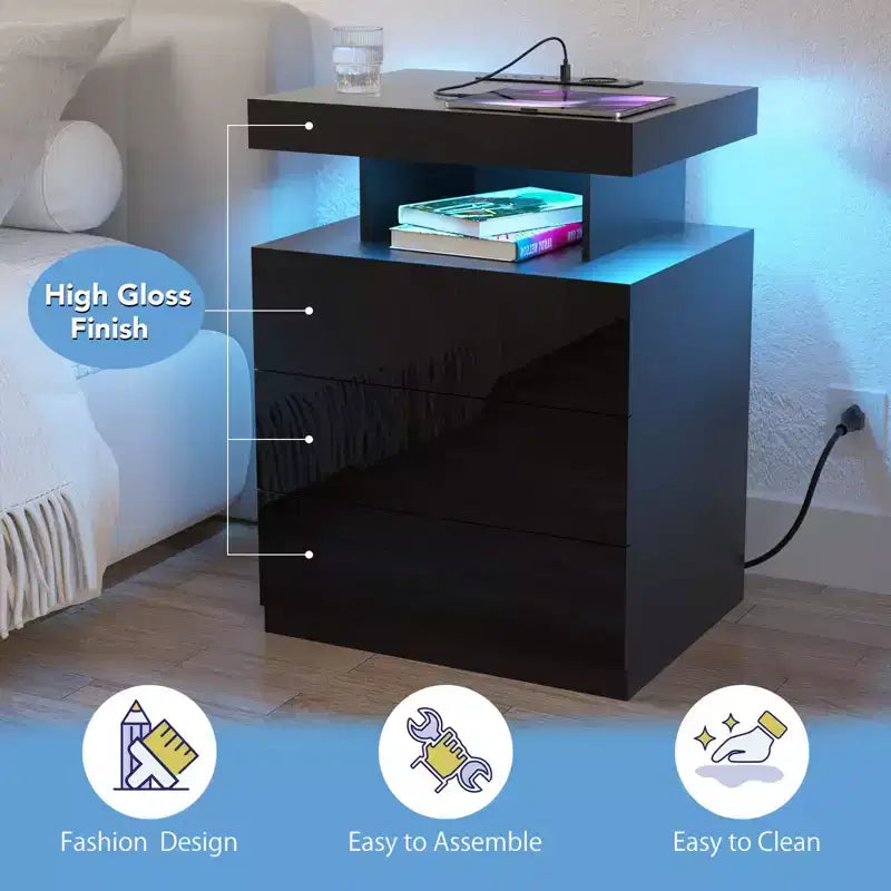 Table de chevet LED moderne avec 3 tiroirs et station de recharge sans fil