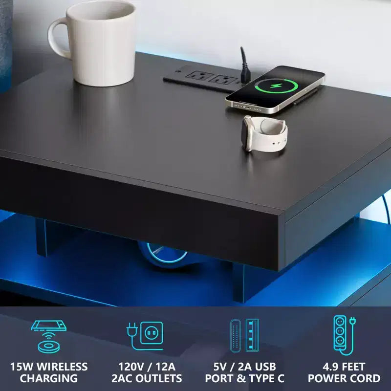 Table de chevet LED moderne avec 3 tiroirs et station de recharge sans fil