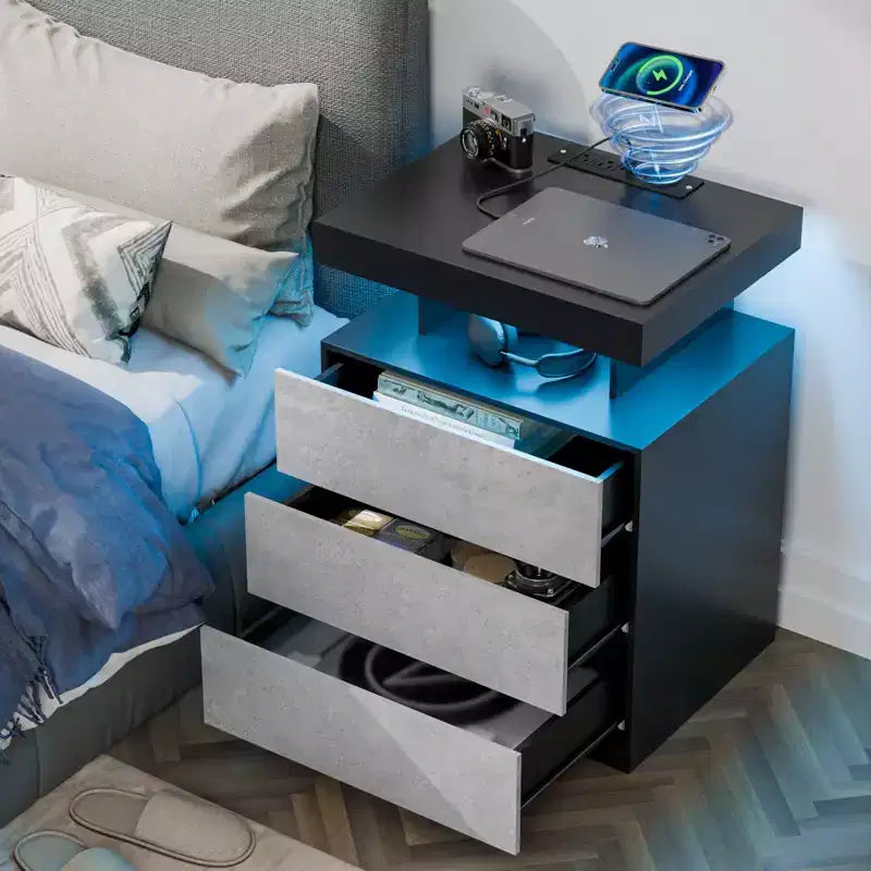 Table de chevet LED moderne avec 3 tiroirs et station de recharge sans fil
