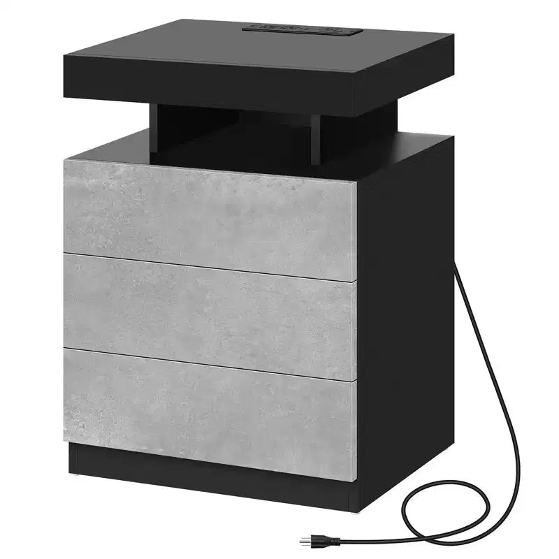 Table de chevet LED moderne avec 3 tiroirs et station de recharge sans fil