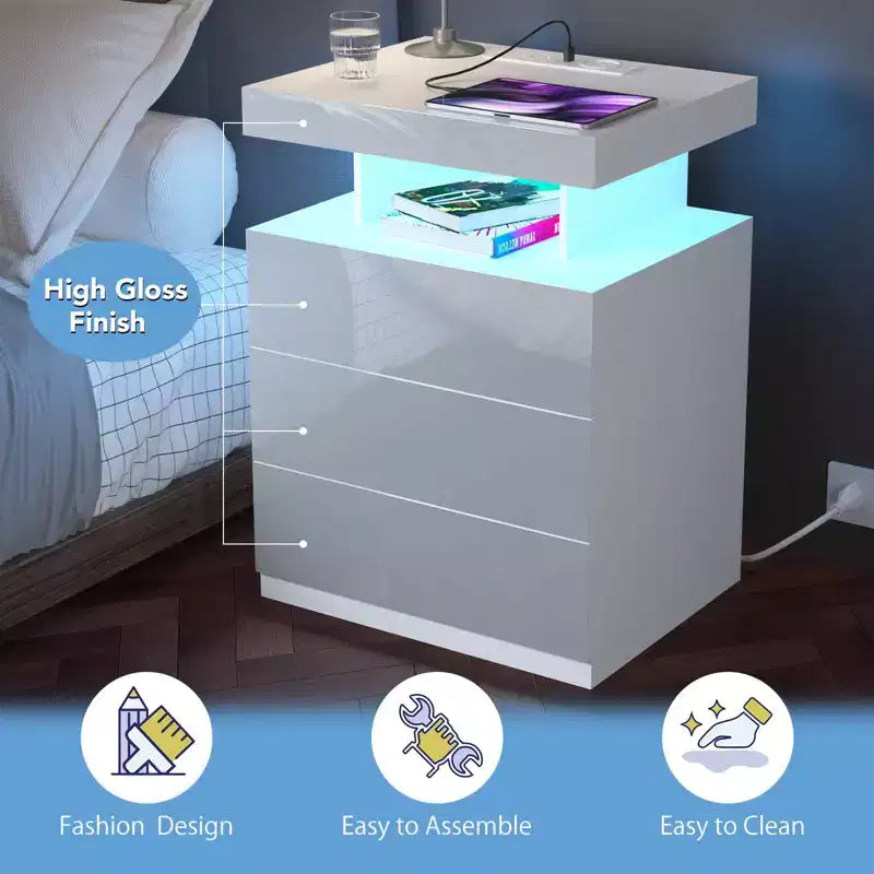 Table de chevet LED moderne avec 3 tiroirs et station de recharge sans fil