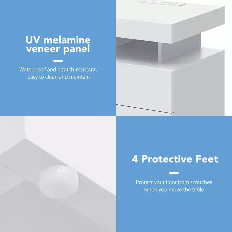 Table de chevet LED moderne avec 3 tiroirs et station de recharge sans fil