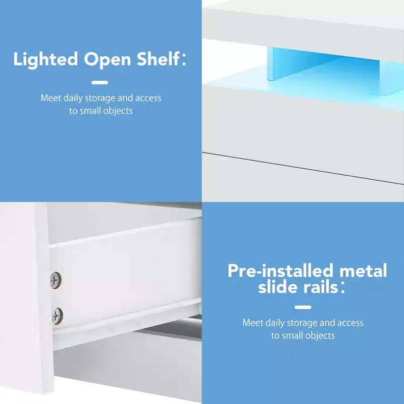 Table de chevet LED moderne avec 3 tiroirs et station de recharge sans fil