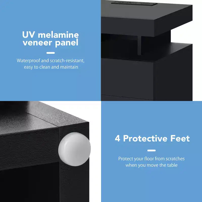 Table de chevet LED moderne avec 3 tiroirs et station de recharge sans fil