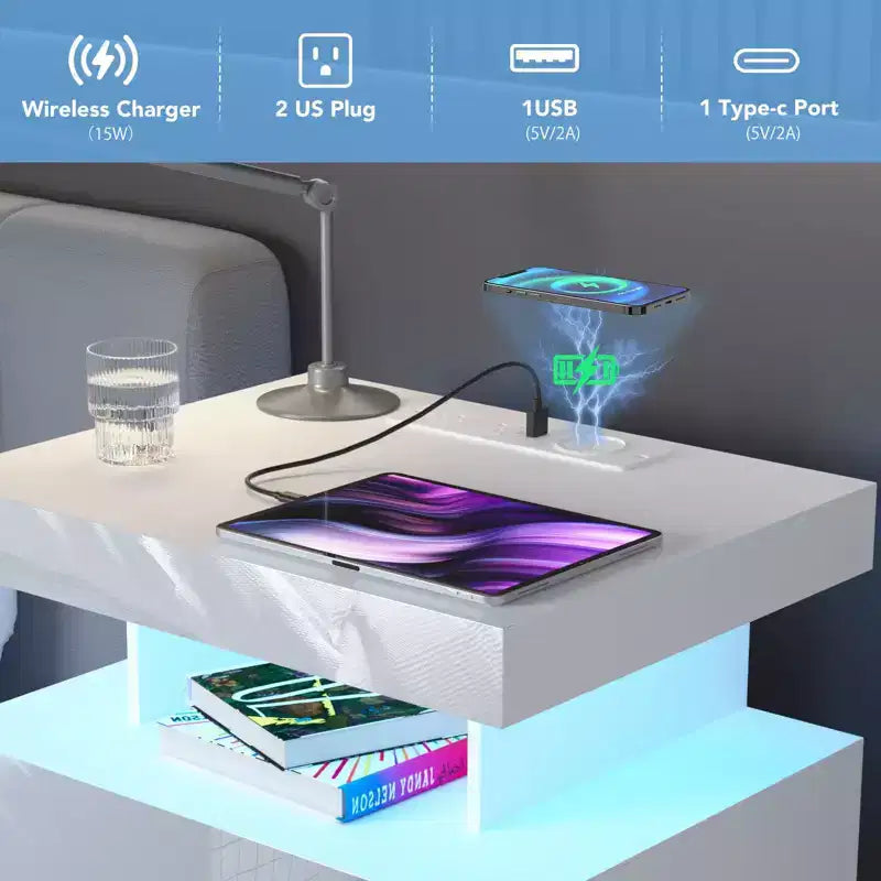 Table de chevet LED moderne avec 3 tiroirs et station de recharge sans fil