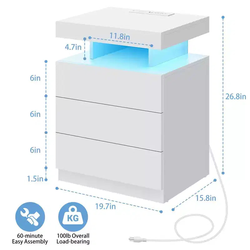 Table de chevet LED moderne avec 3 tiroirs et station de recharge sans fil