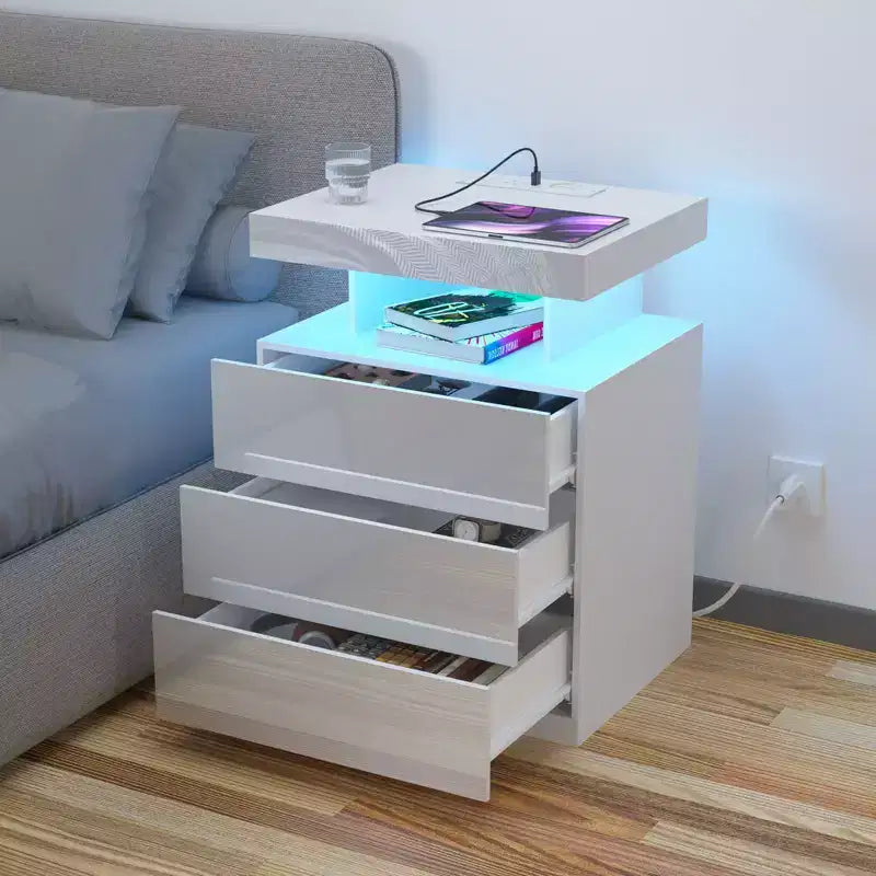 Table de chevet LED moderne avec 3 tiroirs et station de recharge sans fil