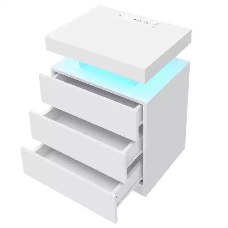 Table de chevet LED moderne avec 3 tiroirs et station de recharge sans fil