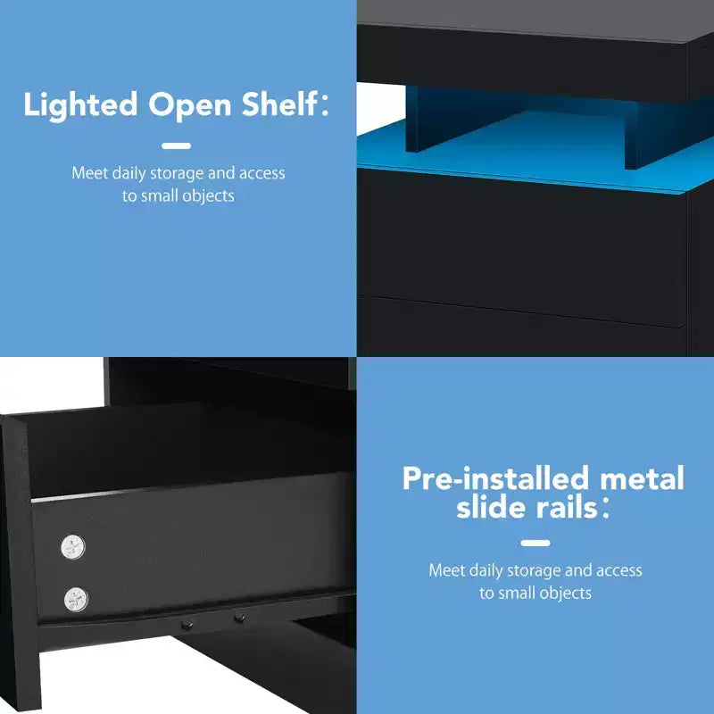 Table de chevet LED moderne avec 3 tiroirs et station de recharge sans fil