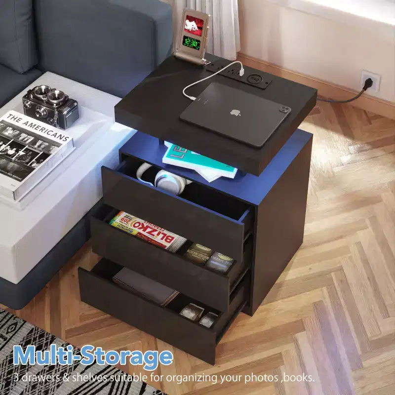 Table de chevet LED moderne avec 3 tiroirs et station de recharge sans fil
