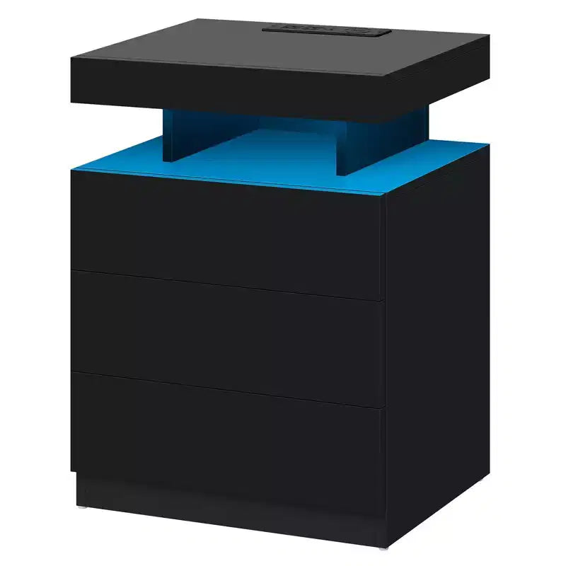 Table de chevet LED moderne avec 3 tiroirs et station de recharge sans fil
