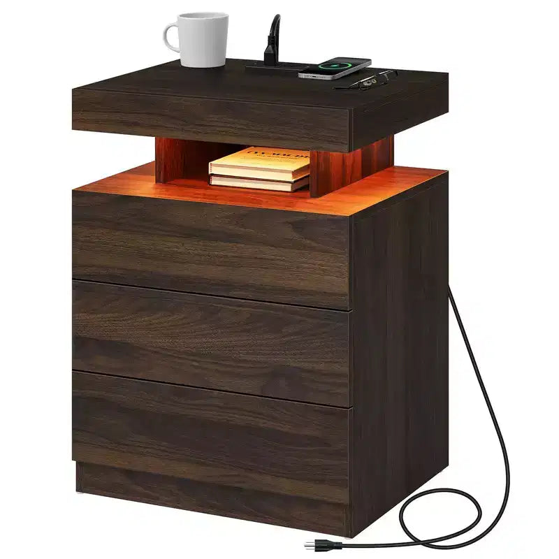 Table de chevet LED moderne avec 3 tiroirs et station de recharge sans fil