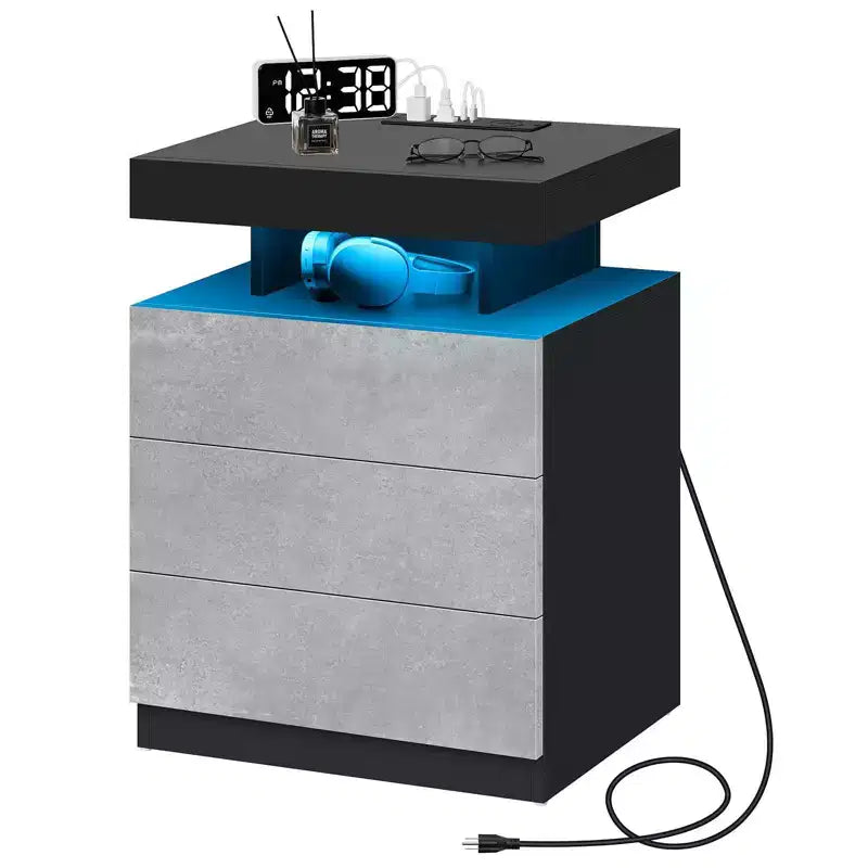 Table de chevet LED moderne avec 3 tiroirs et station de recharge sans fil