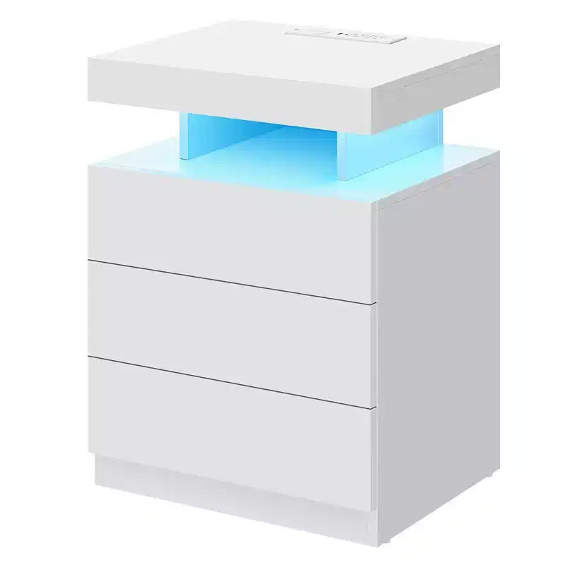 Table de chevet LED moderne avec 3 tiroirs et station de recharge sans fil