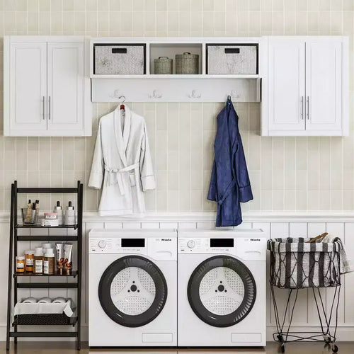 Meuble de rangement pour buanderie en bois 26x44x8 avec étagères réglables, blanc