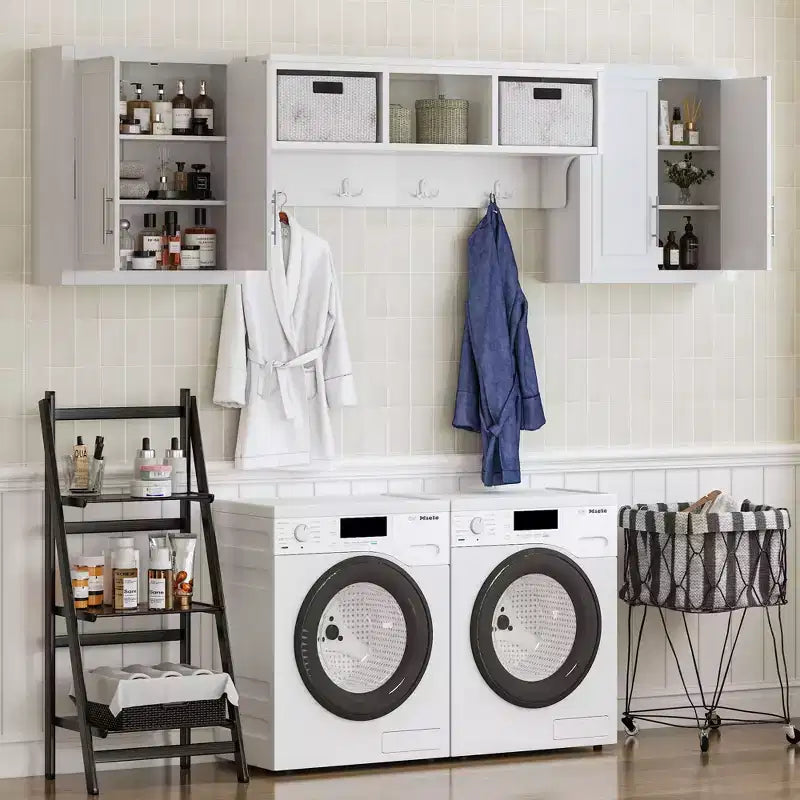 Meuble de rangement pour buanderie en bois 26x44x8 avec étagères réglables, blanc