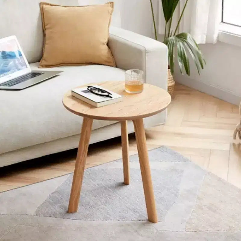 Solid Oak Wood Round End Table, Easy Assembly, for Living Room, Bedroom, Balcony