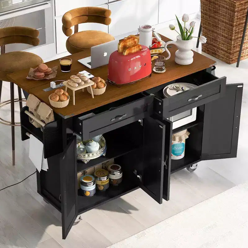 53,5 Îlot de cuisine de ferme noir avec abattant, Desserte de cuisine roulante sur roulettes pour cuisine ou salle à manger à la maison